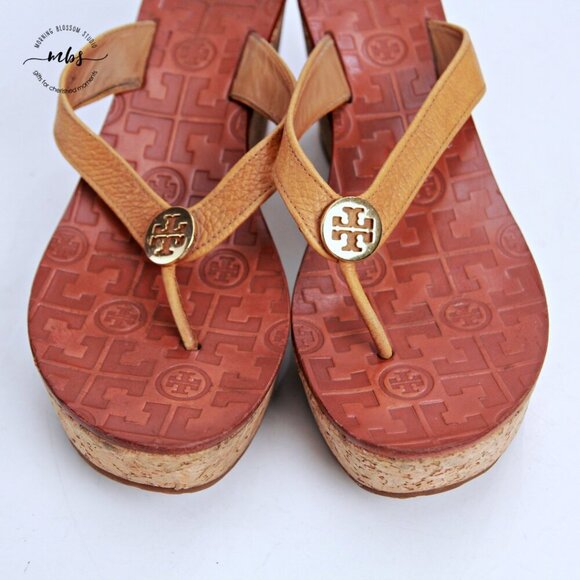 Tory Burch Thora Leather Cork Platform Wedge Sandals Tan Gold Women 8.5 - Picture 9 of 13